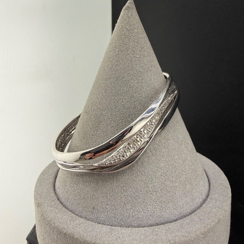 Vintage DL Bronze Cuff Bracelet Silver Rhinestone Wavy Formal 6.5in